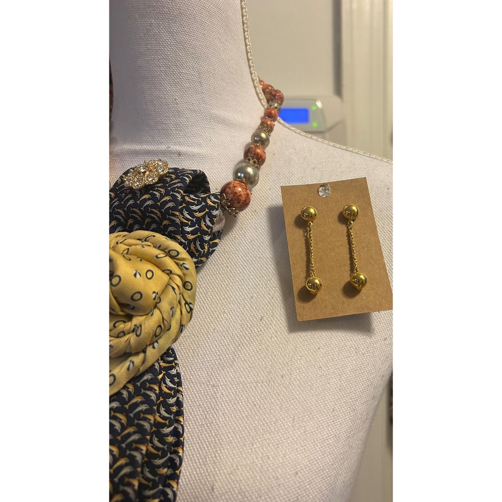 Tommy Hilfiger Upcycled Silk Tie Statement Necklace Mermaid Brooch Earring Set - Picture 3 of 10